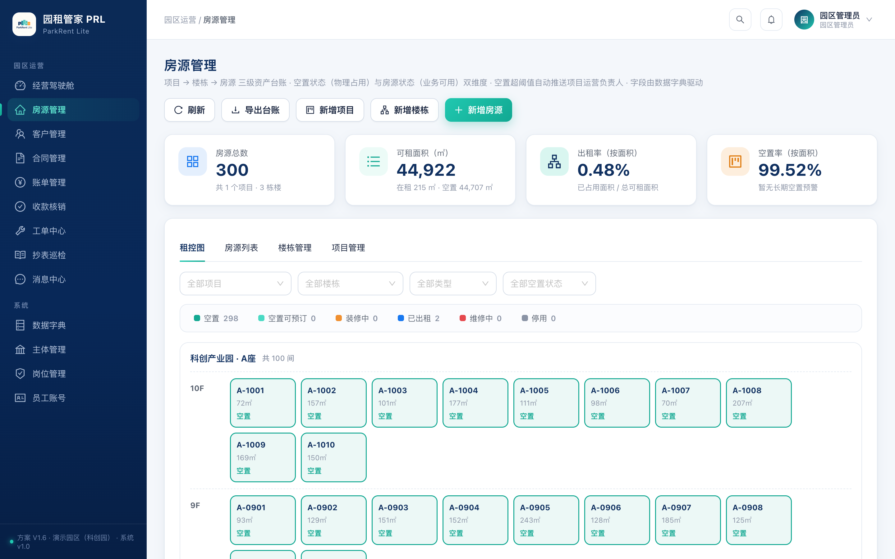 园租管家PRL 房源管理租控图界面